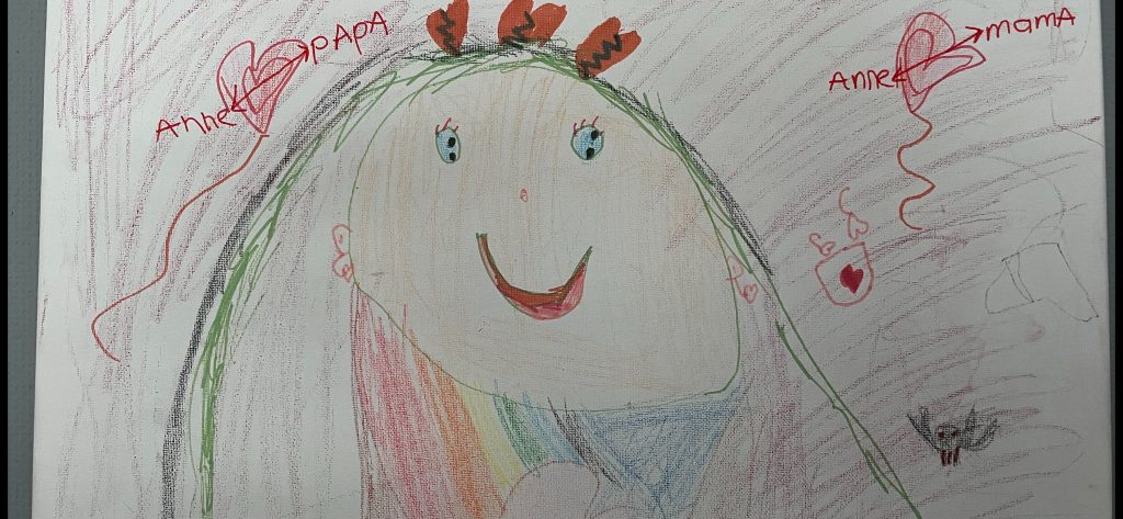 Kindertekening waarop een meisje te zien is met de teksten Anne hartje papa en Anne hartje mama